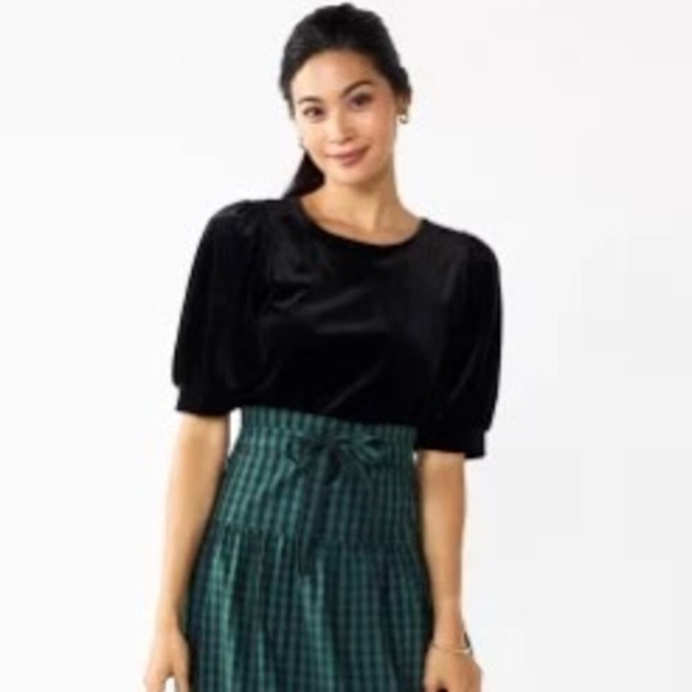 Draper James Black Puff Sleeve Velvet Whimsygoth Old Money Women's Blouse Large